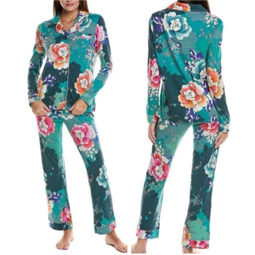 Johnny Was XL Green Orange Floral Two Piece Long Sleeve Top Pants PJ Set
